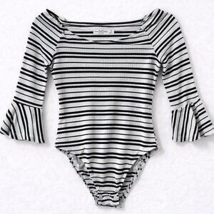 Abercrombie & Fitch Striped Bell Sleeve Bodysuit Gray Scoop Neck Size S